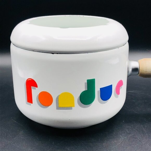 80s White Enamel Fondue Pot Gray Wooden Handle Rainbow Arcade Video Game Font - Picture 6 of 11